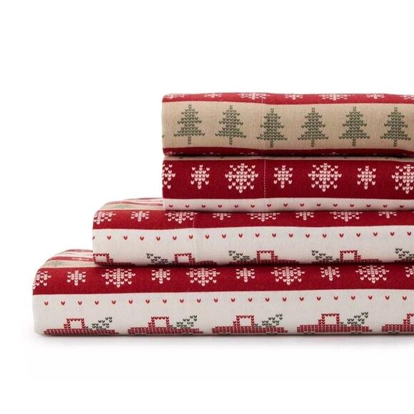 Cuddl Duds Heavyweight Cotton Flannel QUEEN Sheet Set Deep Fit Truck Fairisle - Picture 2 of 8